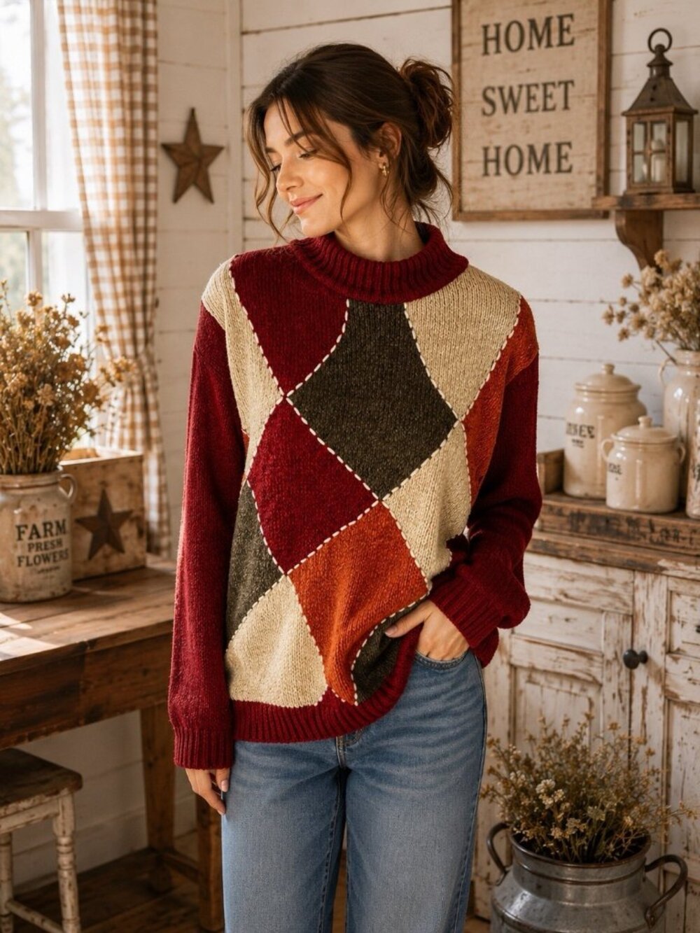 Alfred Dunner Womens Chenille Sweater Medium Mock Neck Colorblock Patchwork